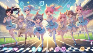 ゴールに向かって走るウマ娘たちのイラスト